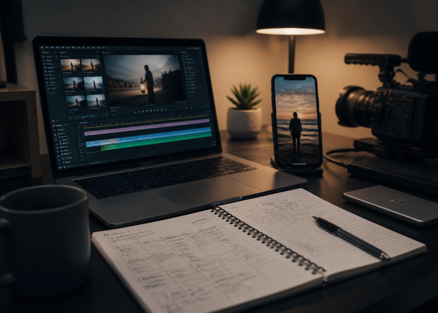 Editing workspace with a video timeline on a laptop, a vertical video on a phone, and a handwritten content calendar