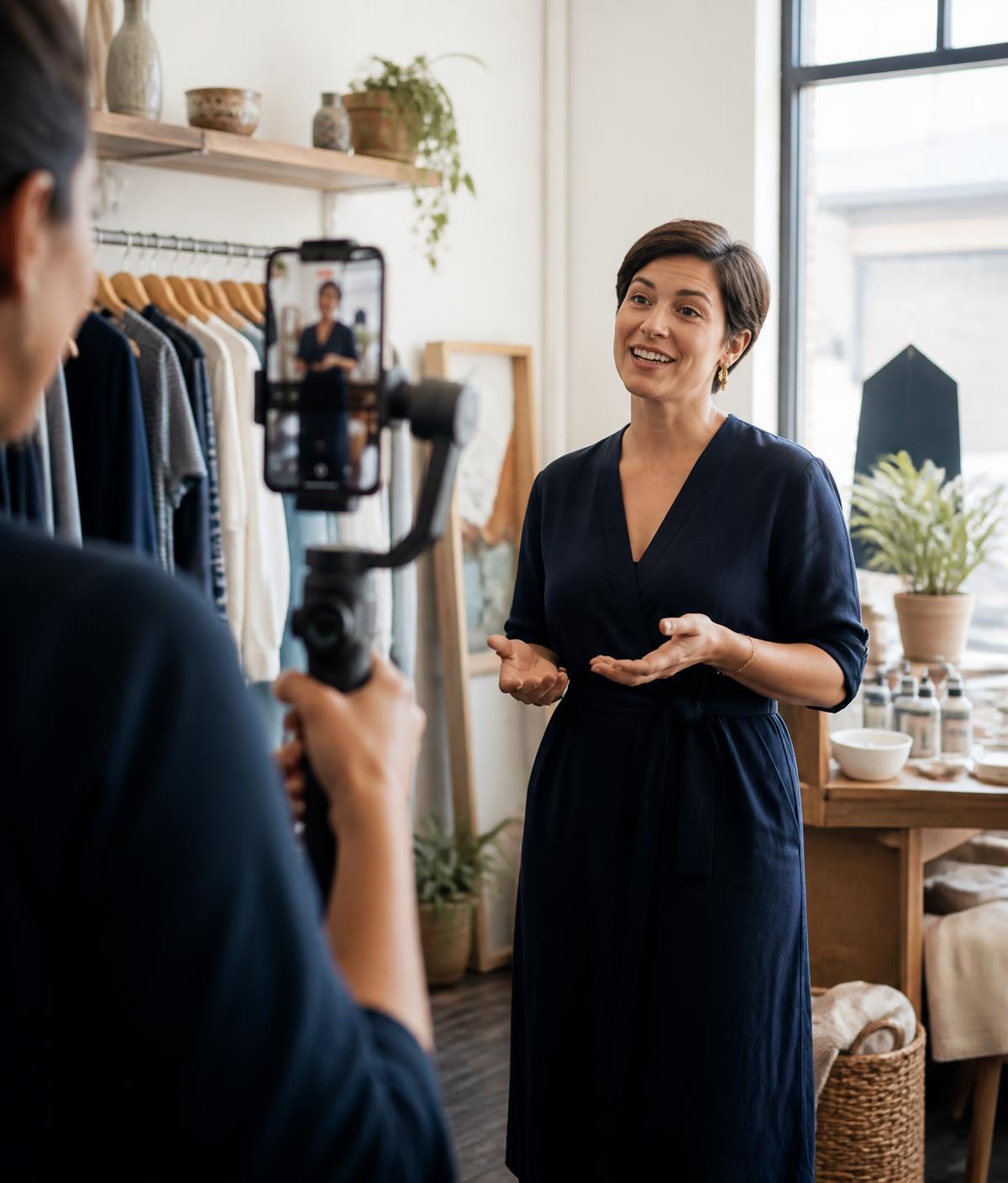 A local shop owner speaking to camera while being filmed on a phone gimbal
