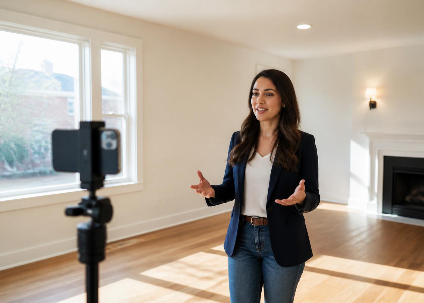 A real estate agent recording a property walkthrough on a phone tripod in a sunlit living room